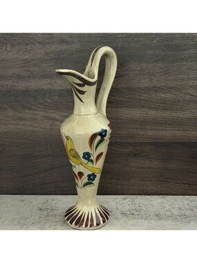 Vintage Tonala Mexico Hand Painted Yellow Bird Handled Ewer Pitcher Ceramic 12"